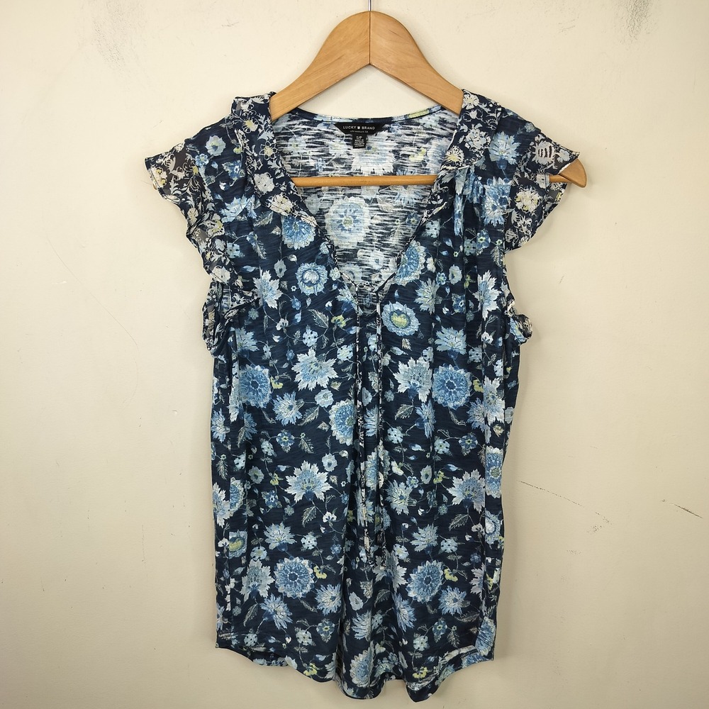 Lucky Brand Floral Top Small Flutter Sleeve Boho Navy Blue
